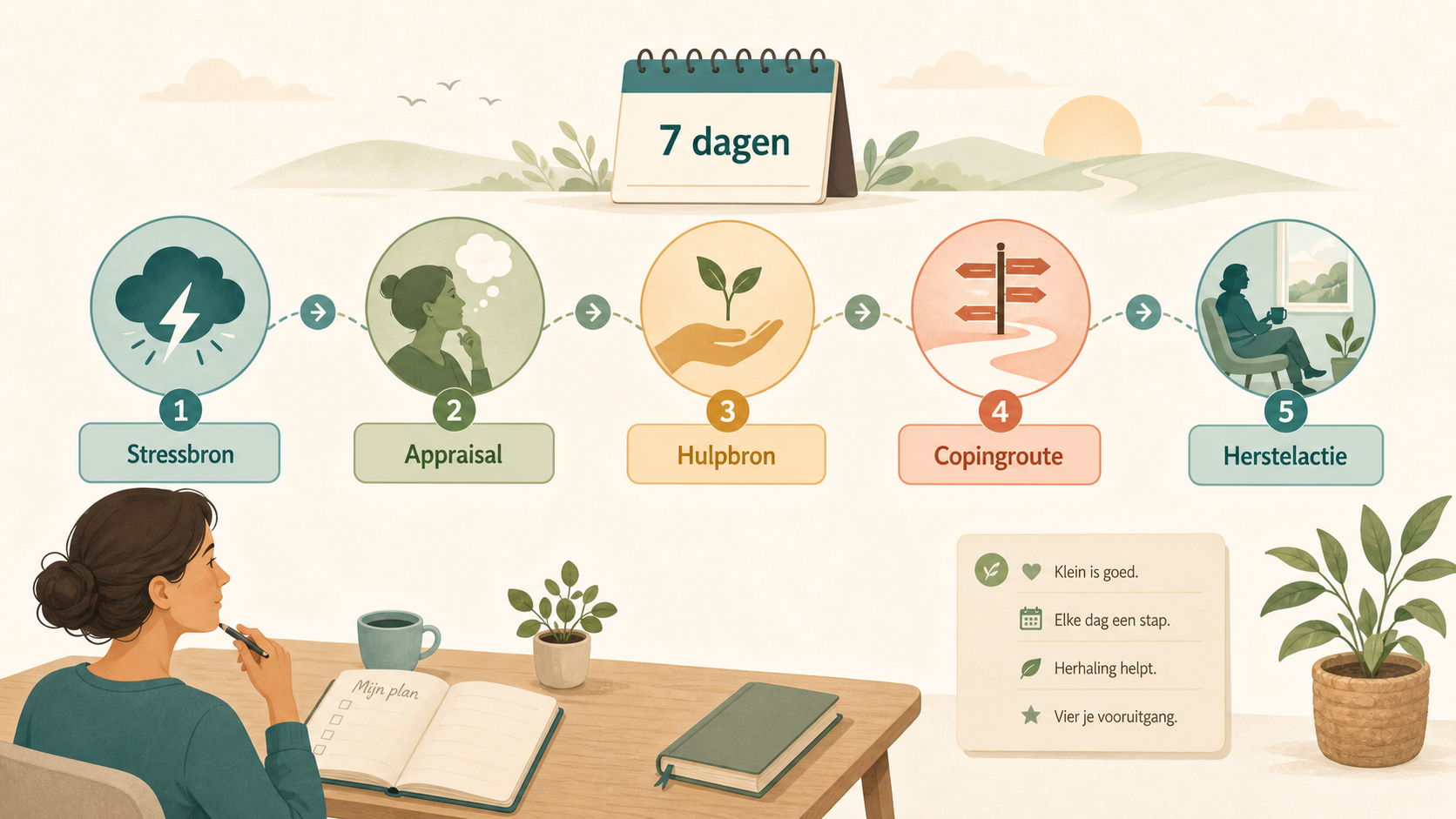 Rustige samenvattende visual van een persoonlijk stressreductieplan met vijf stappen.